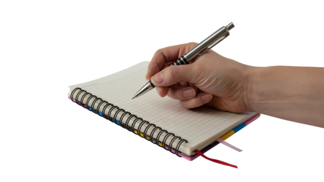 Hand holding pen while writing in a notebook. Isolated on transparent background, png
