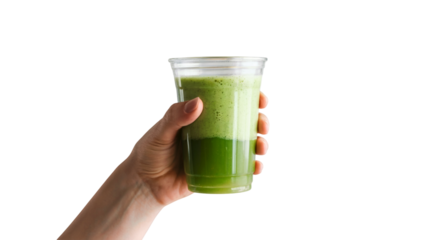hand holding refreshing green smoothie in a clear glass. Isolated on transparent background, png