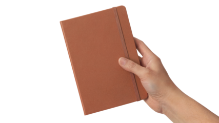hand holding a brown notebook with blank cover . Isolated on transparent background, png