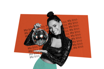 Composite photo collage of happy american girl hold disco ball valentine day party event celebration kiss me isolated on painted background