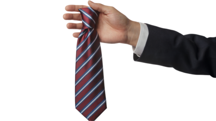 person holding elegant striped tie. Isolated on transparent background, png