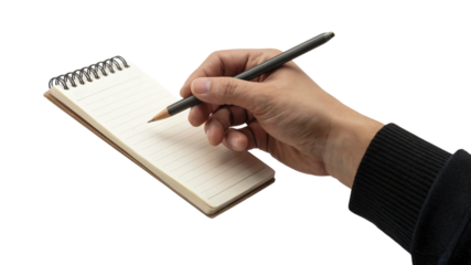 hand writing on notepad with pencil. Isolated on transparent background, png