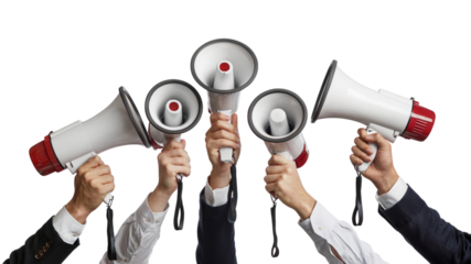 hands holding megaphones for announcement. Isolated on transparent background, png