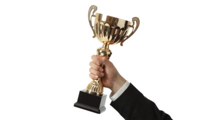 Hand holding a golden trophy symbolizing success and achievement. Isolated on transparent background, png
