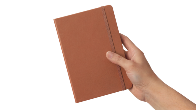 hand holding a brown notebook with blank cover . Isolated on transparent background, png