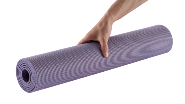 hand holding rolled-up yoga mat. Isolated on transparent background, png