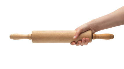 hand holding rolling pin for baking. Isolated on transparent background, png