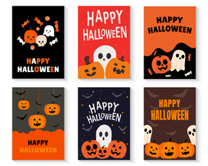 Halloween cards with pumpkins, ghosts, bats, and candies. A set of Halloween cards for Halloween design.