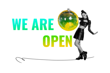Composite trend artwork sketch image photo collage of new way start beginning business we are open banner young lady dance discoball