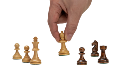 hand moving chess piece on chess board . Isolated on transparent background, png