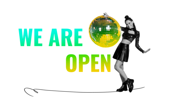 Composite trend artwork sketch image photo collage of new way start beginning business we are open banner young lady dance discoball