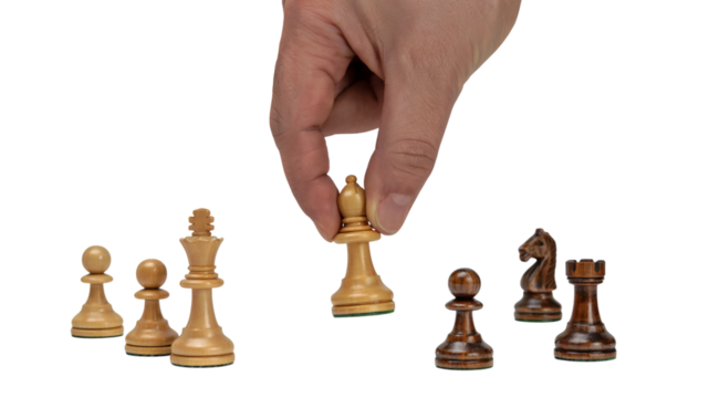 hand moving chess piece on chess board . Isolated on transparent background, png