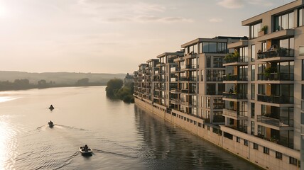Modern Apartment Buildings on Riverfront Property with Boats | Urban Residential Real Estate Development for Waterfront Living and Property Investment Marketing