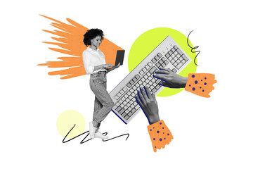 Creative trend collage of typing hands keyboard computer office worker weird freak bizarre...