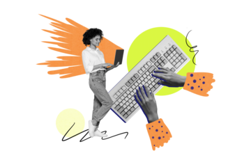 Creative trend collage of typing hands keyboard computer office worker weird freak bizarre unusual fantasy