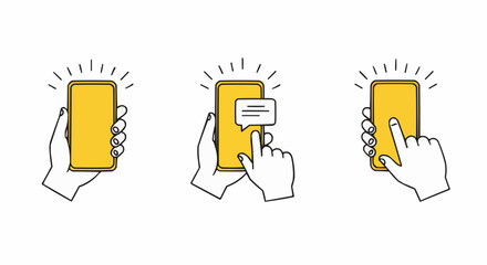 Vector illustration of hand and yellow smartphone in three sequential actions showing digital interaction, flat minimal design on white background