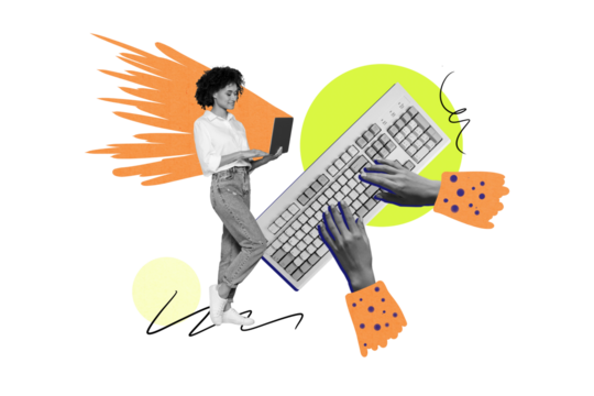 Creative trend collage of typing hands keyboard computer office worker weird freak bizarre unusual fantasy