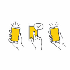 Vector illustration of hand and yellow smartphone in three sequential actions showing digital interaction, flat minimal design on white background