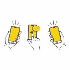 Vector illustration of hand and yellow smartphone in three sequential actions showing digital interaction, flat minimal design on white background