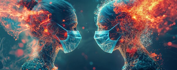 Digital artwork of connected minds with masks during pandemic