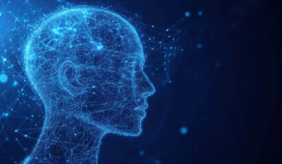 Blue digital wireframe hologram of a human head, showcasing futuristic technology and artificial intelligence concepts in a glowing network