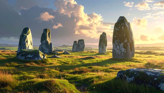 A sunlit meadow showcases tall, ancient standing stones under a sky filled with clouds at sunset. The scene evokes mystery and history