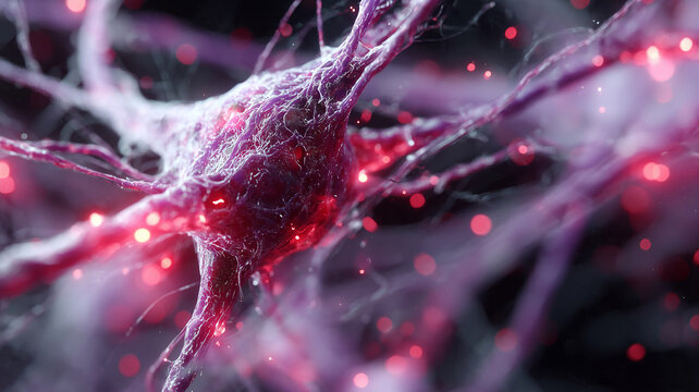 Closeup of a detailed neuron with glowing firing synapses and intricate network connections in a scientific illustration concept