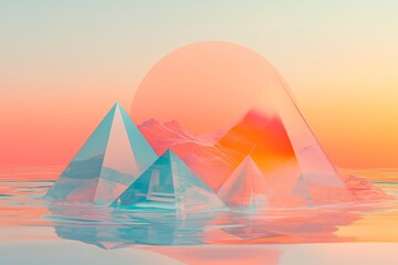 Translucent pyramids float on a still body of water, reflecting a serene sunset landscape, showcasing a vibrant blend of pastel colors.