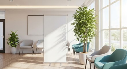 Bright and modern waiting room interior with empty chairs, potted plants, and a blank roll-up banner stand.