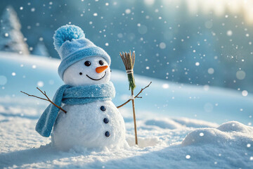 Fototapeta premium Cheerful Snowman in Winter Wonderland – Cozy Blue Scarf, Snowfall, and Festive Winter Scene.