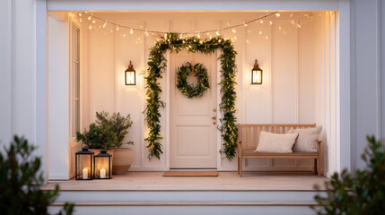 Festive front door and porch with Christmas decoration like wreath and garland. Warm light from lanterns creates cozy, inviting home entrance for holiday season