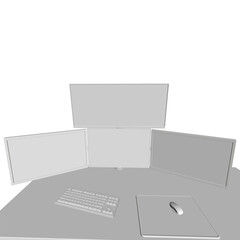 Polygonal gaming computer setup with animated desk, keyboard, mouse, and monitor. The dynamic scene creates an impression of movement.