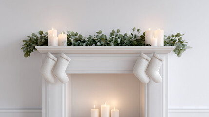 Festive white fireplace mantel with Christmas stockings, green garland, and cozy candles. simple holiday decoration creates calm and peaceful winter interior scene