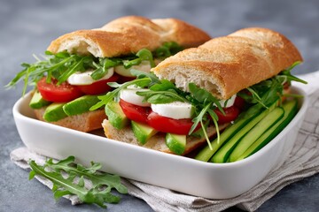 Baguette sandwiches with fresh mozzarella, tomato, avocado, arugula