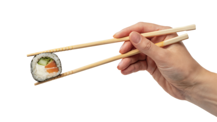 Sushi roll held by chopsticks with a hand. Isolated on transparent background, png