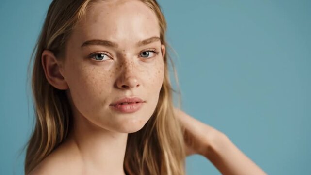 Beautiful Young Woman With Freckles Posing Against a Blue Background.
