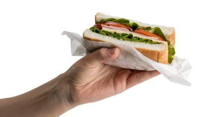 hand holding fresh sandwich with healthy ingredients. Isolated on transparent background, png