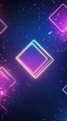 Obraz premium Vibrant neon geometric shapes illuminate dark background with glowing dynamic particles for futuristic and modern digital design