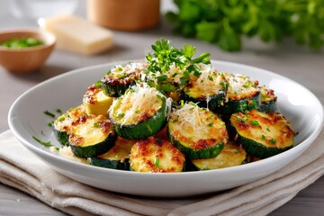 Baked zucchini rounds with parmesan and fresh parsley