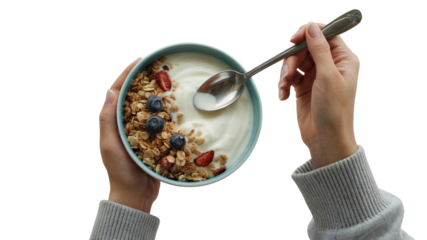 person holding a bowl of yogurt and granola. Isolated on transparent background, png