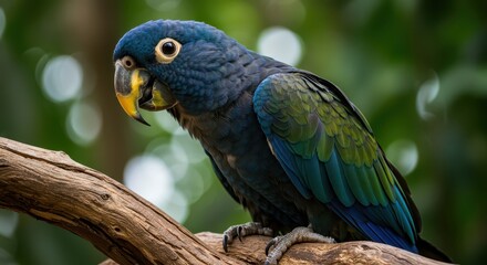 Obraz premium Dark blue parrot with yellow beak and green wing feathers perches on a branch.