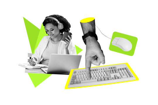 Composite photo collage of happy american girl sit office workplace write planner task hand push keypad isolated on painted background