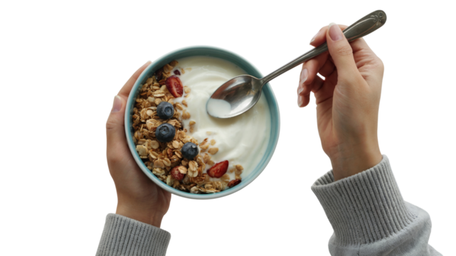 person holding a bowl of yogurt and granola. Isolated on transparent background, png