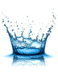 A crown-shaped splash of clear blue water with droplets on a white surface