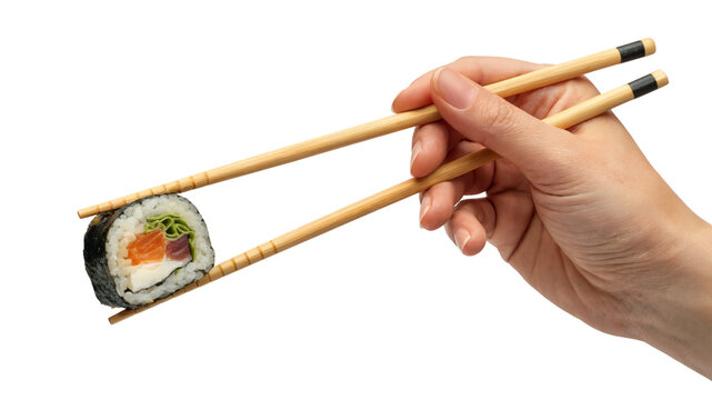 hand holding sushi with chopsticks. Isolated on transparent background, png