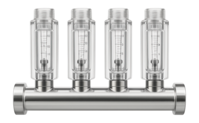 Clear acrylic flow indicators on a distribution manifold for easy plumbing monitoring.
