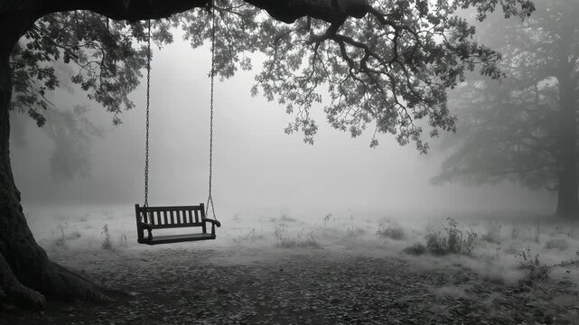 An empty swing under an old oak tree in the fog. Solitude, memory, loss. Moody black and white scene, quiet contemplation. Perfect for film, poignant storytelling, book trailers.