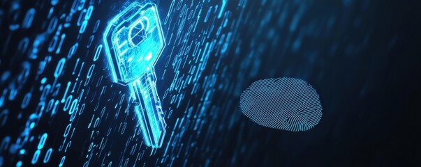 Digital illustration of an electronic key and fingerprint symbolizing cybersecurity and data protection in a futuristic style