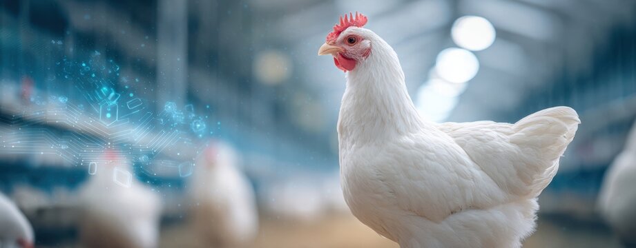 The Chicken in a Modern Smart Farm Environment with Digital Monitoring Overlay - Powered by Adobe