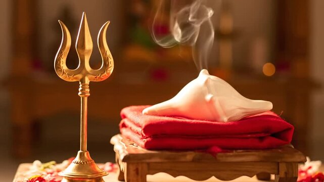 Sacred Hindu puja items: Golden Trishul, smoking conch shell, and traditional ritual offerings for spiritual worship.